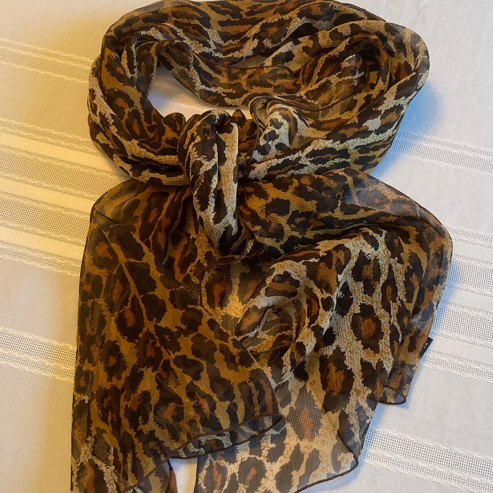 Nick & Nora Brown Leopard Print Silk Scarf 70x19”